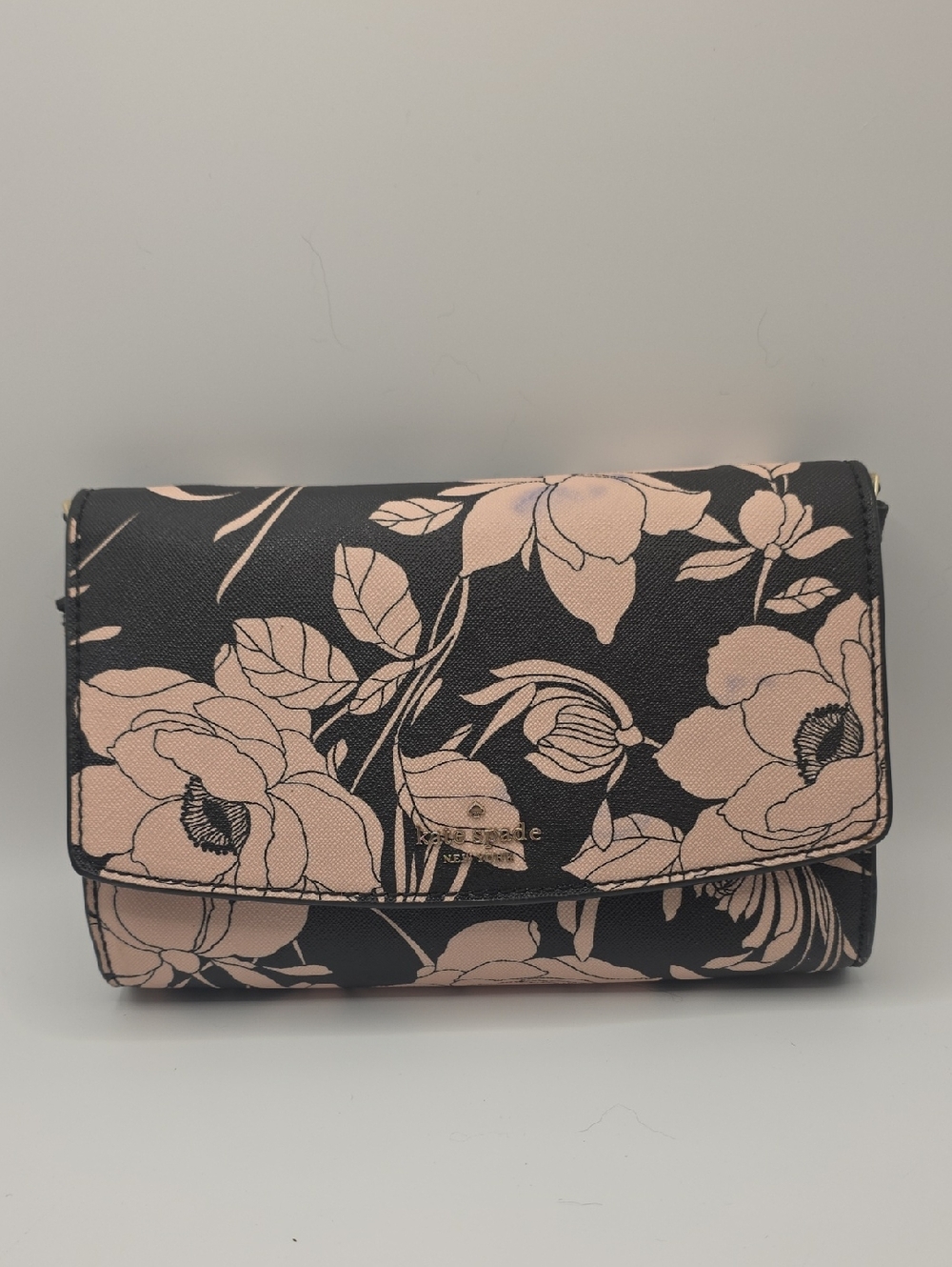 kate spade Black & Blush Floral Foldover Crossbody Wallet